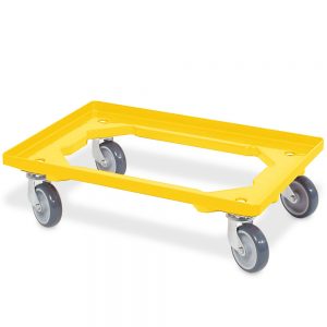 BRB NormRoller® Lastenroller für Stapelkästen im Euro-Format 600 x 400 mm / 400 x 300 mm, Tragkraft 250 kg, hellgraue Gummiräder, gelb
