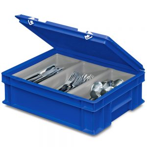 Besteckkasten mit 3 Mulden, mit Deckel und Schiebeverschluss, spülmaschinenfest, LxBxH 400 x 300 x 130 mm, Farbe: blau