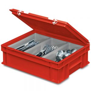 Besteckkasten mit 3 Mulden, mit Deckel und Schiebeverschluss, spülmaschinenfest, LxBxH 400 x 300 x 130 mm, Farbe: rot