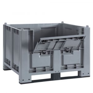 Palettenbox mit 2 Kufen, mit Kommissionierklappe, LxBxH 1200 x 800 x 850 mm - Boden/Wände geschlossen, Tragkraft 500 kg - Farbe: grau