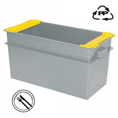 Volumenbox aus Polypropylen-Kunststoff (PP), lebensmittelecht, stapelbar / mit Stapelklappen, LxBxH 790 x 400 x 410 mm, 100 Liter, Farbe: grau