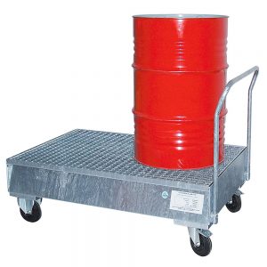 Fahrbare Auffangwanne, verzinkt, mit Gitterrost, 225 Liter Auffangvolumen, für 2 stehende Fässer / Gebinde